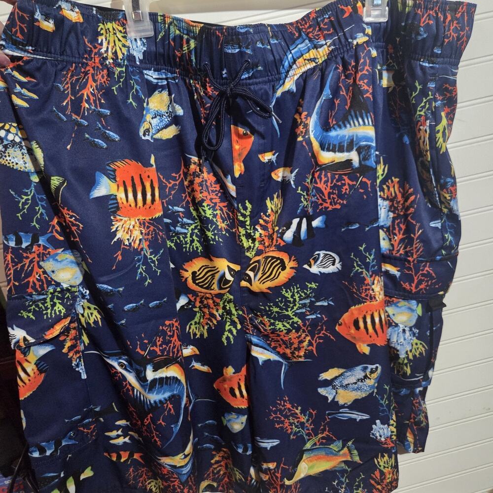 KS Island King Size Men's Swim Trunks 3XL Tall 3XLT Tropical Fish Reef Cargo
